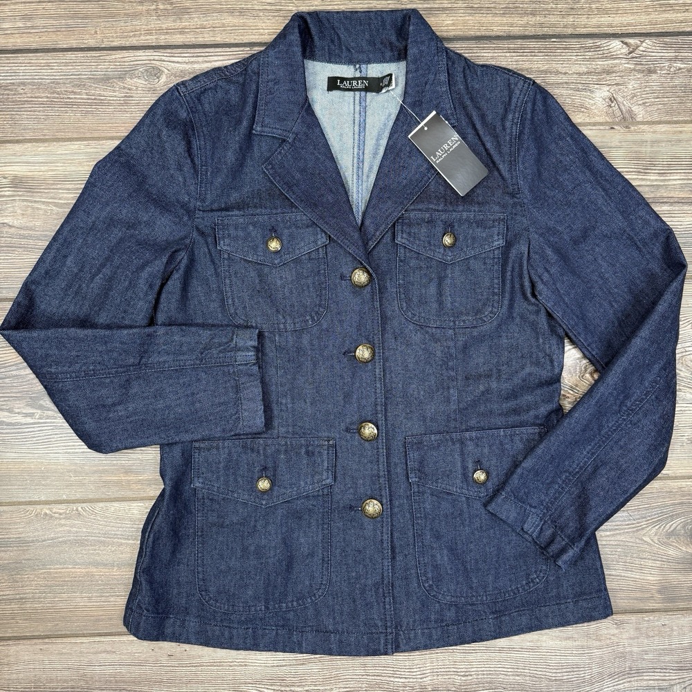 Ralph Lauren Women's Denim Blazer Crest Embossed Metal Buttons Blue Size 6 NEW